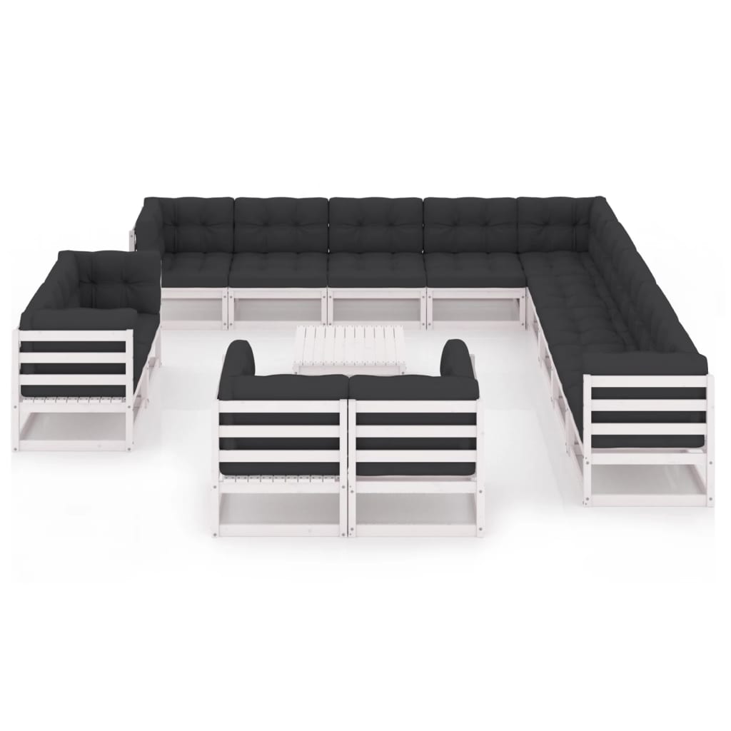 14-tlg. Garten-Lounge-Set mit Kissen Weiss Kiefer Massivholz